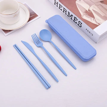 Reusable Travel Utensils with Case, 4 Sets Wheat Straw Portable Cutlery Set Chopsticks Knives Fork and Spoon for Lunch Box Accessories, Camping...